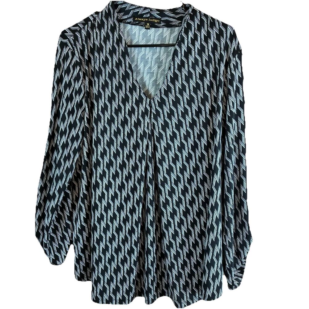 Always Indigo Womens Black V Neck Top Roll Tab Long Sleeve Size 1X